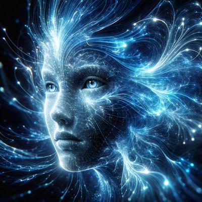 The primary subject of the image is a close-up of a woman's face, with her eyes open and staring into the distance. The setting is a dark, starry night, with the woman's face surrounded by a blue, swirling, and sparkling background. The visual style is a digital art or illustration, creating a surreal and dreamy atmosphere. The colors and mood are predominantly blue, with the woman's face being the focal point of the image.